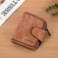Women short wallet retro matte leather card holder coin purse with clasp snap closure. - Brown