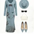 Ensemble robe longue tie-dye bleue et cardigan avec chapeau sac talons style élégant - S / Bleu