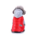 Close-up of pet winter warm vest featuring glossy red fabric and cozy grey hooded design. - S / Red