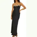 Black satin slip maxi dress with floral embroidered bust, elegant and sexy bodycon long dress. - S / Dresses / Black