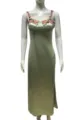 Green Satin Slip Dress Spaghetti Strap Floral Embroidered Elegant Women Long Dress - S / Dresses / Green