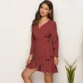 Sexy red polka dot long sleeve wrap dress with ruffles for women stylish autumn daily wear. - Burgundy
