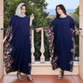 Women casual floral print loose long dress elegant navy blue maxi caftan dress apparel - One Size / Blue