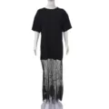 Casual black short sleeve t-shirt spliced with sheer lace long skirt, trendy summer dress. - S / Black