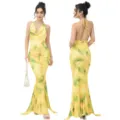 Γυναικείο κίτρινο tie dye μάξι φόρεμα εξώπλατο halter κομψό μακρύ βραδινό φόρεμα - S / Κίτρινο