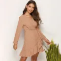 Women's Long Sleeve Polka Dot Wrap Dress Casual V-Neck Ruffle Hem Mini Autumn Dress - Apricot