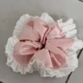 Pink and white lace hair scrunchie, sweet fairy style ponytail holder for women and girls daily wear. - Pink