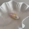 Ocean style shell oval hair clip detail view, pink and yellow gradient with tiny flakes. - Conch / Pink Hair Clip