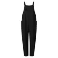 Black casual overall pants detail view, showing the loose fit, shoulder straps and side pockets. - 3XL / Black