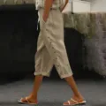 Pantalon court decontracté femme ete taille elastique stylé confortable respirant - S / Khaki Clair