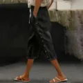 Summer casual cropped pants for women with elastic drawstring waist and side button details. - S / Black