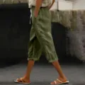 Women casual cropped pants side buttons elastic drawstring waist comfortable summer wear detail view - S / Army Green