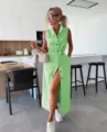 Robe longue en denim sans manches avec ceinture pour femme, vêtement vert stylé. - S / Robes / Vert