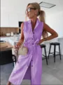 Sleeveless denim midi dress with button front and waist belt, casual purple summer wear. - Purple