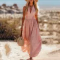 Élégante robe longue décontractée unie sans manches à col en v pour l'été en plein air. - S / Robes / Rose