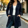 Women Autumn Winter Solid Color Loose Long Zip Hoodie Jacket Fleece Long Sleeve Outerwear - Dark Blue