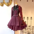 Vintage Renaissance Gothic Langarm Lolita Cosplay Kleid mit Schleife und Rüschen tragen - Burgunderrot