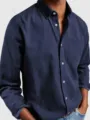 Dark blue cotton long-sleeve shirt chest pocket button detail closeup view online - S / Navy Blue