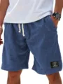 Men's casual linen shorts summer loose beach drawstring solid color trousers classic wear - S / Navy Blue