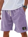 Pantalones cortos de lino casuales de verano holgados de playa con cordón y parche - S / Lavanda