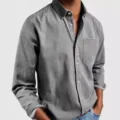 Men grey washed cotton casual long sleeve shirt with chest pocket and button down styling - S / Gray