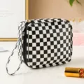 Black checkered PU sanitary napkin storage bag, portable mini makeup and lipstick organizer pouch. - Black