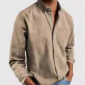 Men casual long sleeve khaki shirt with pocket, cotton button down top for daily wear. - S / Khaki