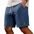 Men casual drawstring shorts textured beach shorts summer comfortable athletic shorts detail view - S / Navy Blue