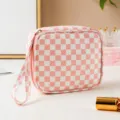 Rosa wasserfeste PU Kosmetiktasche Mini Karo Binde Aufbewahrungstasche mit Griff - Rosa