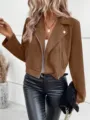Women's winter slim short faux suede lapel zipper biker jacket solid color casual outwear - S / Tops / Coffee