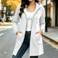 Women long zip up hooded fleece sweatshirt casual solid color outerwear with pockets - White