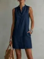 Robe d'été sans manches en lin décontractée pour femme, unie avec boutons et col mao chic. - S / Robes / Bleu foncé