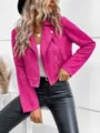 Hot pink cropped suede biker jacket featuring asymmetric zipper and lapel collar for women. - S / Tops / Rose Red