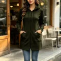 Sweat-shirt zippé à capuche long vert foncé pour femme, veste d'hiver en polaire décontractée. - S / Vert Militaire