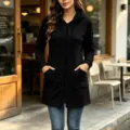 Femme veste sweat a capuche noir longue zippee en polaire avec poches decontractee. - S / Noir