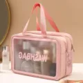 Doppelschichtige rosa PU Kulturtasche mit klarem Sichtfenster, große wasserdichte Make-up Tasche. - L / Rosa