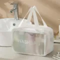Weisse PU wasserdichte doppelschichtige Kosmetiktasche Kulturbeutel fuer Fitness und Reise. - L / Weiß
