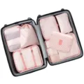 7-teiliges Reise-Packtaschen-Set in Rosa-Weiß für organisierte Kofferaufbewahrung. - Neues 7-teiliges Set Rosa Gestreift