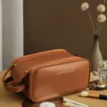 Brown travel cosmetic bag, large capacity makeup organizer with double zipper and handle. - Brown