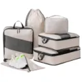 Compressible travel packing cubes set, portable diamond grid luggage organizer bags for clothes. - Set of 6 / Beige