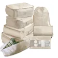 Ensemble de 7 cubes de rangement de voyage étanches valise organisateur beige - Ensemble de 8 trousses de toilette beige