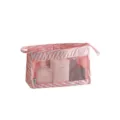 Pink striped mesh cosmetic bag, portable travel toiletry organizer with zipper and handle. - Pink Stripe