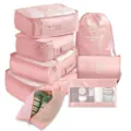 Ensemble d'organisateurs de bagages de voyage roses 7 pcs cubes de rangement imperméables. - Ensemble de 8 trousses de toilette rose