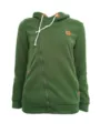 Women's green asymmetric zip-up hooded sweatshirt with white drawstrings and stylish leather patches. - S / Green