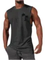 Close-up detail of mens casual summer tank top, showing sleeveless cut and palm tree print. - S / Tops / Dark Gray