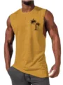 Men's mustard yellow sleeveless tank top with black palm tree print for summer gym workouts. - S / Tops / Turmeric