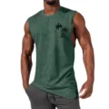 Men's sleeveless tank top, dark green fitness athletic shirt with palm tree print. - S / Tops / Green