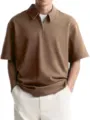 Men's casual short sleeve zip-up polo shirt with lapel collar, comfortable and breathable. - L / Khaki