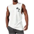 Men's gym workout tank top with stylish palm tree print, casual sleeveless fitness shirt. - S / Tops / White