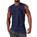 Men's casual sleeveless tank top with coconut tree print, ideal for fitness and daily wear. - S / Tops / Navy Blue